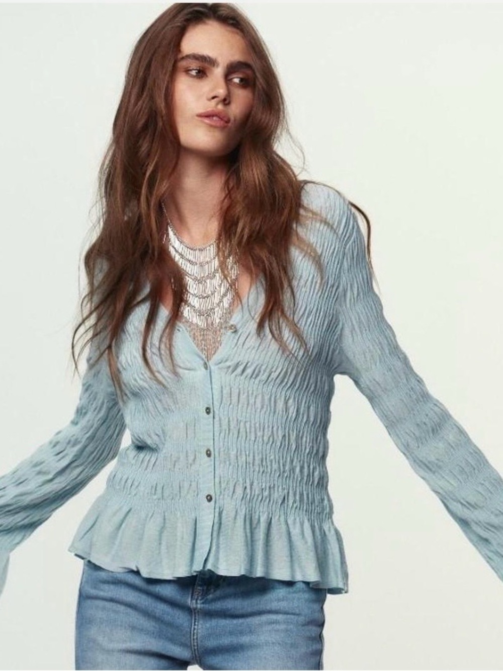 NWOT Zara Light Blue Silky Knit Smocked Cardigan Ruffle Sleeves S